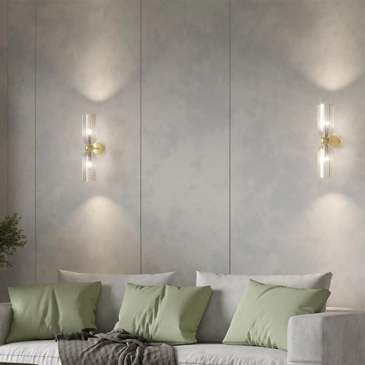 Applique murale double en verre strié, monture dorée, 2 x G9