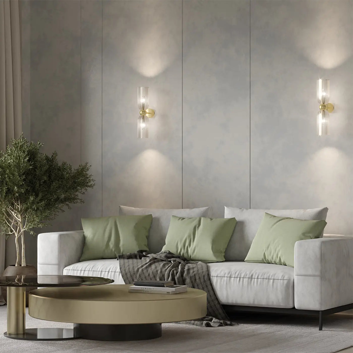 Applique murale double, deux abat-jours en verre strié et doré