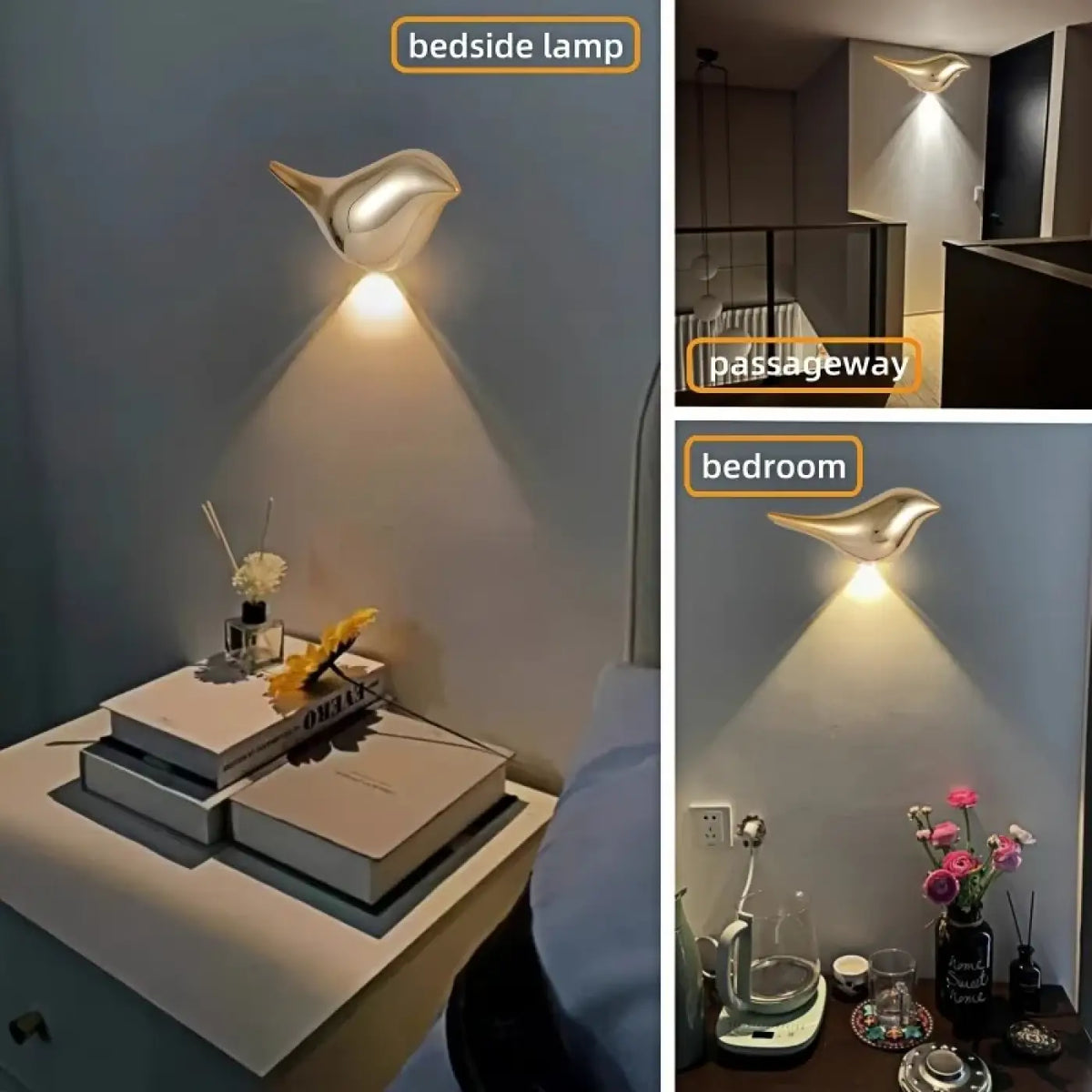 Applique murale oiseau LED, argentée ou dorée