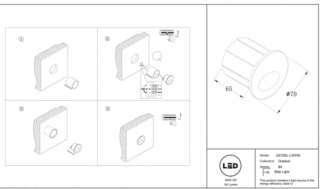 Applique encastrable LED ronde à visière pour escalier, IP54