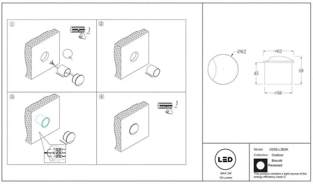 Applique encastrée LED extérieure ronde, IP65, noir ou blanc