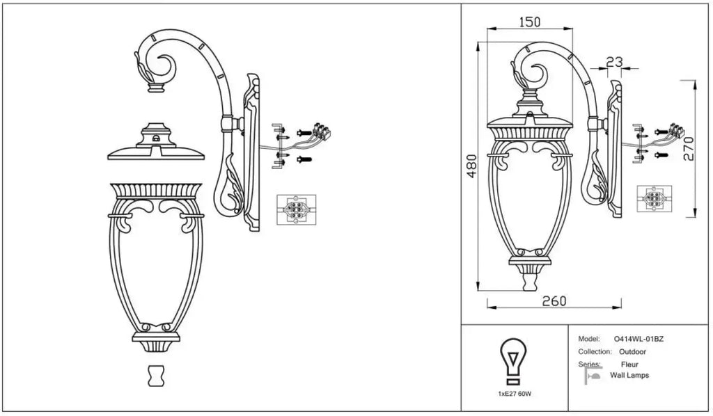 Applique extérieure lanterne à volutes en acier, culot E27