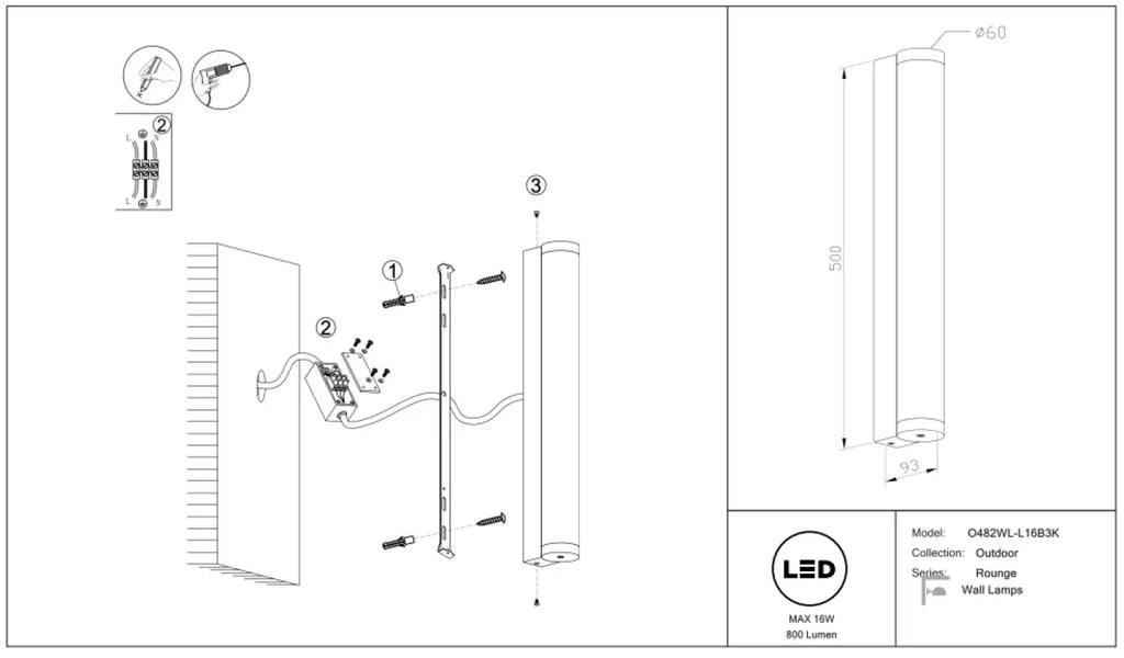 Applique extérieure LED tube vertical noir IP54, 30 ou 50 cm
