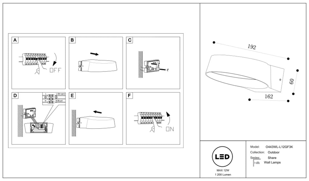 Applique extérieure LED à large faisceau, 1200 lumens, noire