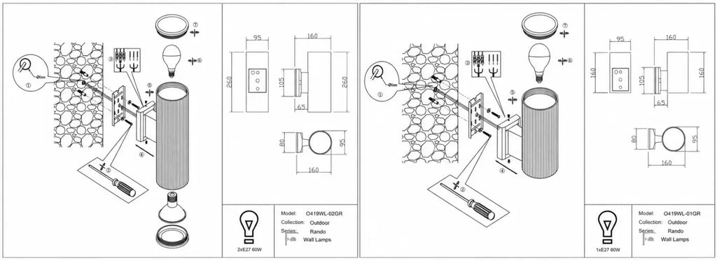 Applique extérieure cylindre en acier IP54, culot E27, 2 tailles