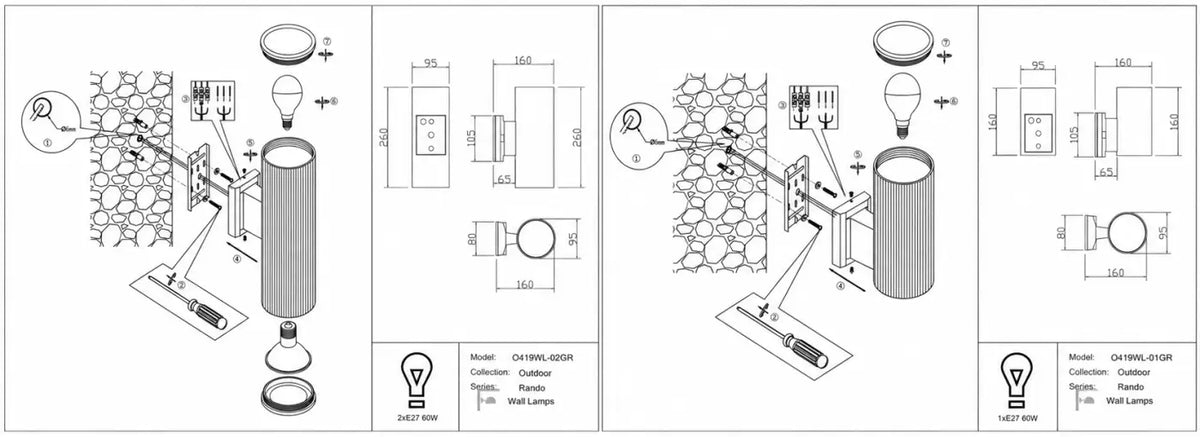 Applique extérieure cylindre en acier IP54, culot E27, 2 tailles
