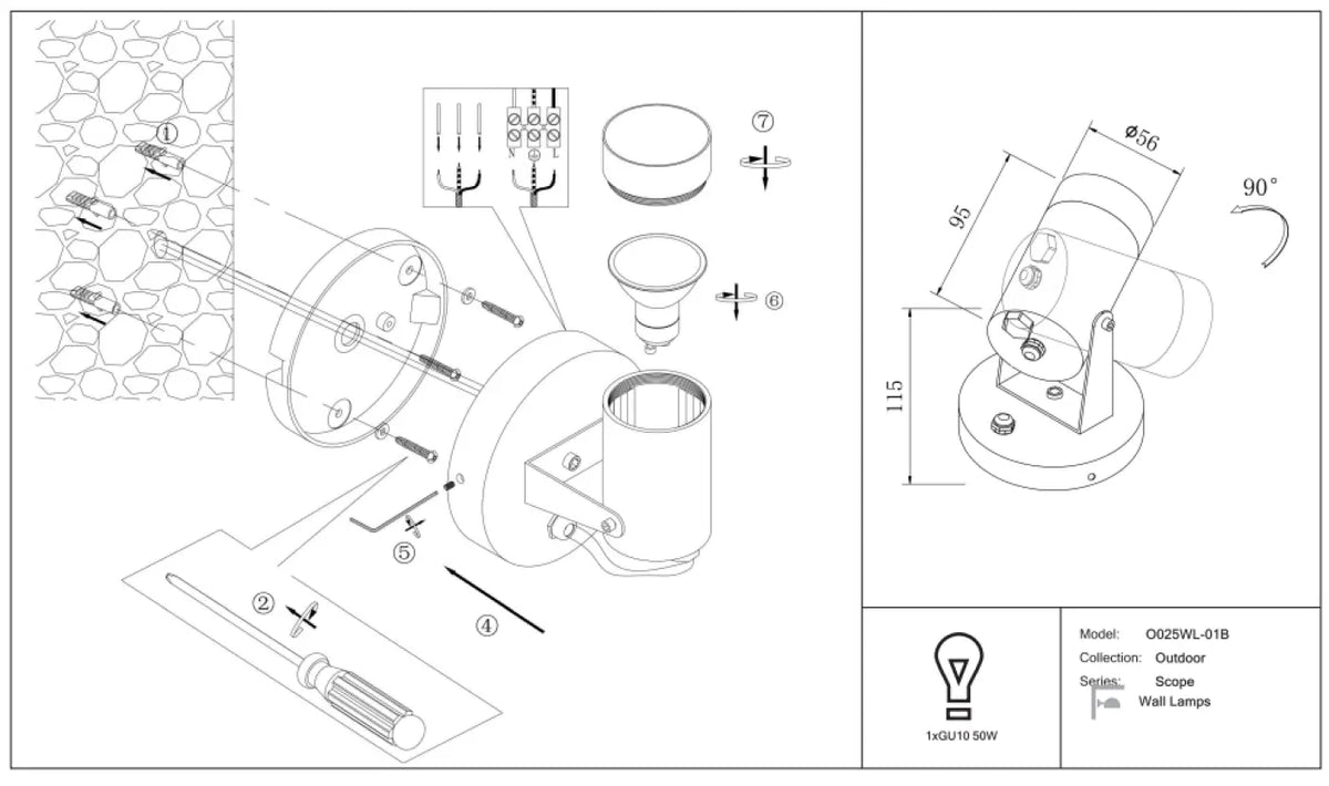 Applique extérieure projecteur orientable en acier noir, IP65