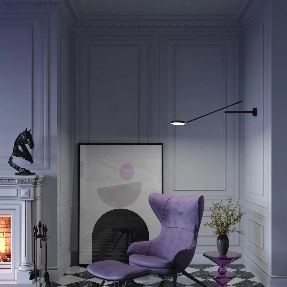 Applique LED à long bras de 100 cm, métal noir, tête ronde