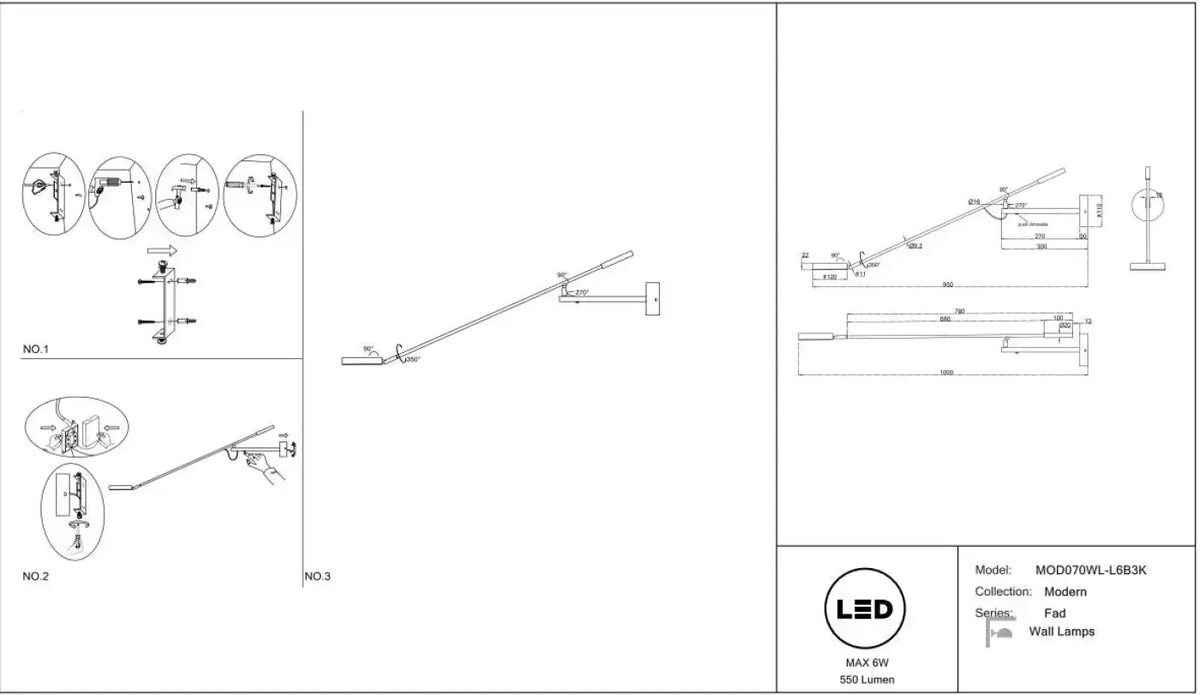 Applique LED à long bras de 100 cm, métal noir, tête ronde
