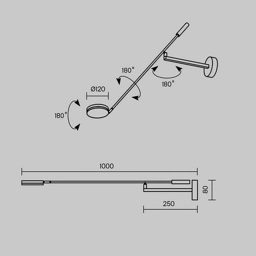 Applique LED à long bras de 100 cm, métal noir, tête ronde