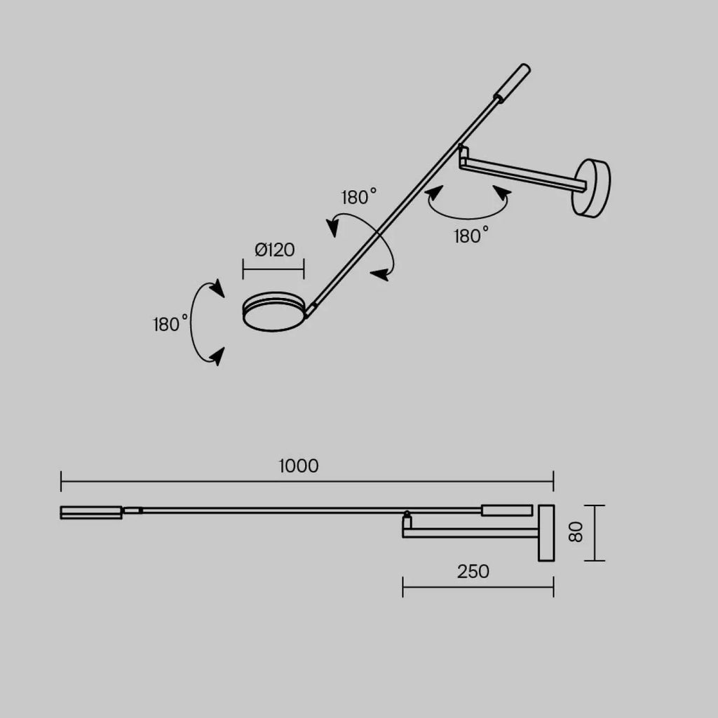 Applique LED à long bras de 100 cm, métal noir, tête ronde