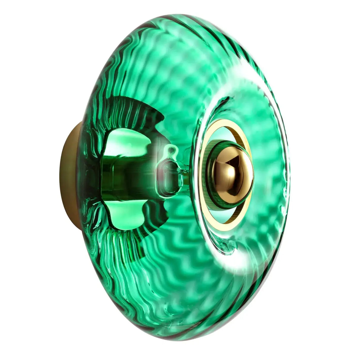 Applique disque en verre soufflé et collerette dorée, 20 ou 28 cm, vert