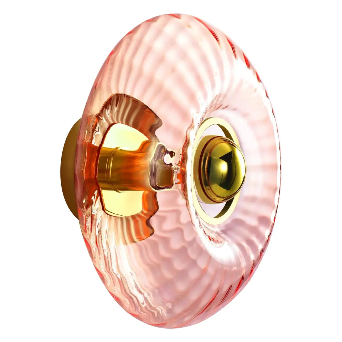 Applique disque en verre soufflé et collerette dorée, 20 ou 28 cm, rose