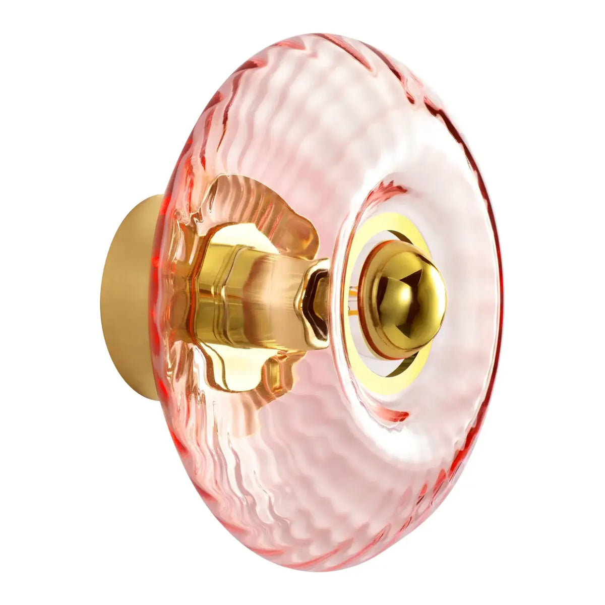 Applique disque en verre soufflé et collerette dorée, 20 ou 28 cm, rose