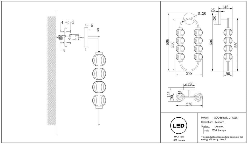 Applique murale LED ovale en perles de verre strié, 60,6 cm