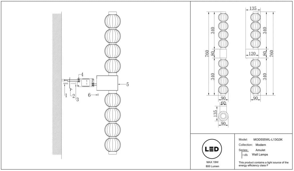Applique murale LED verticale à perles de verre strié, 76 cm