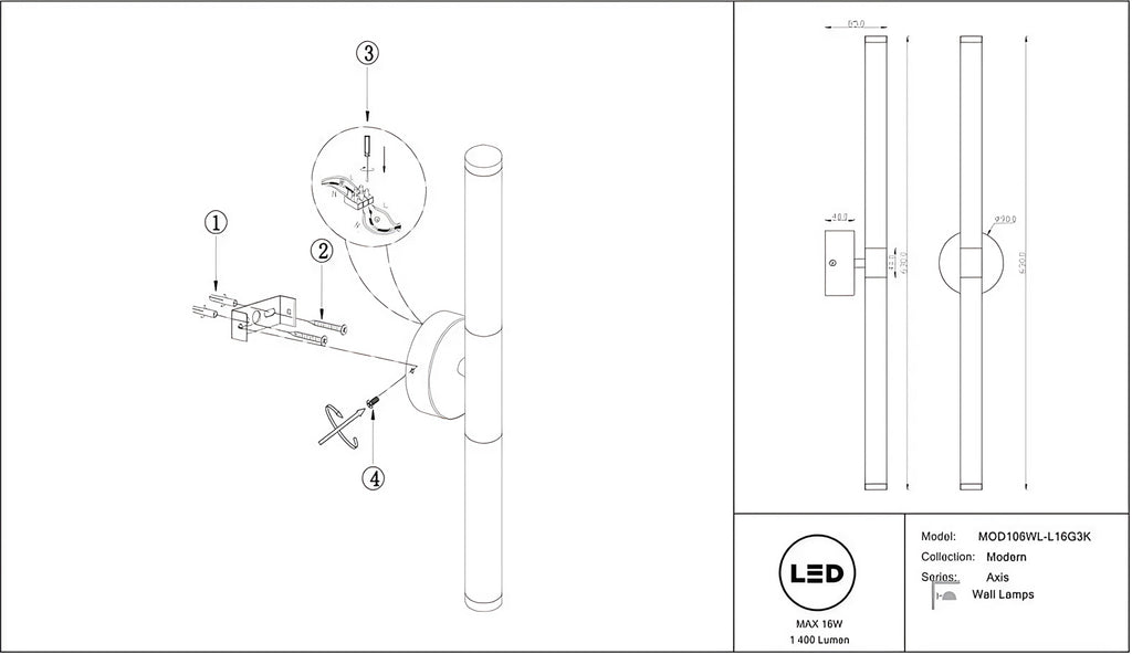 Applique murale LED à deux tubes croisés, base noire ou dorée