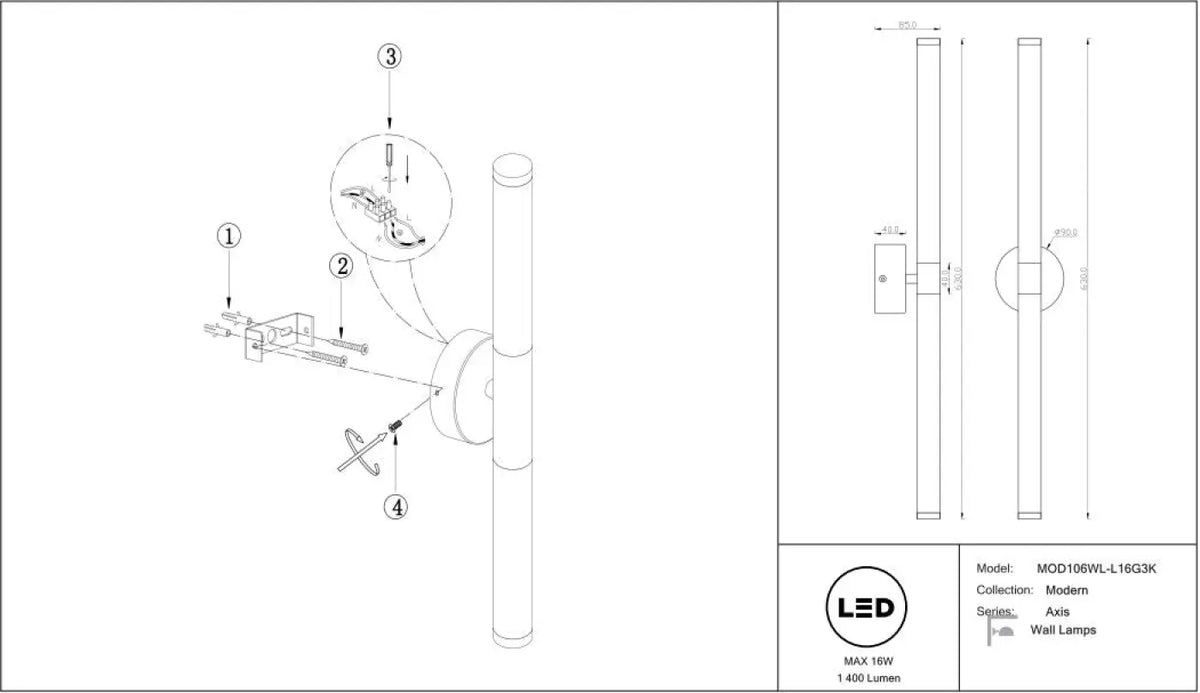 Applique murale LED à deux tubes croisés, base noire ou dorée