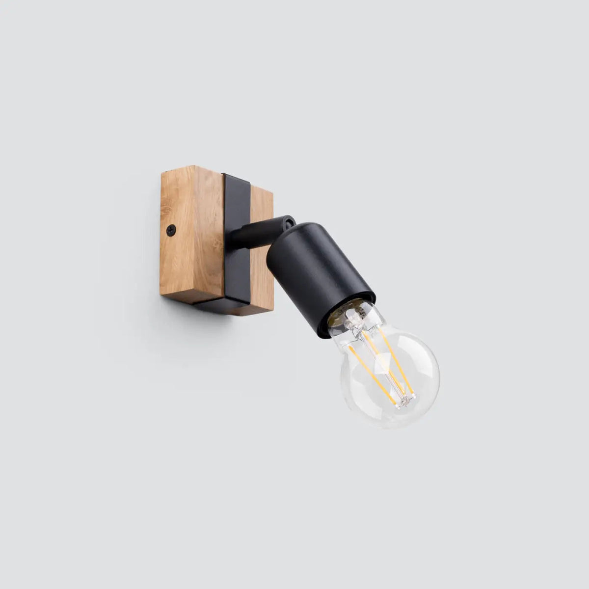 Applique murale socle en bois et douille noire, ampoule apparente