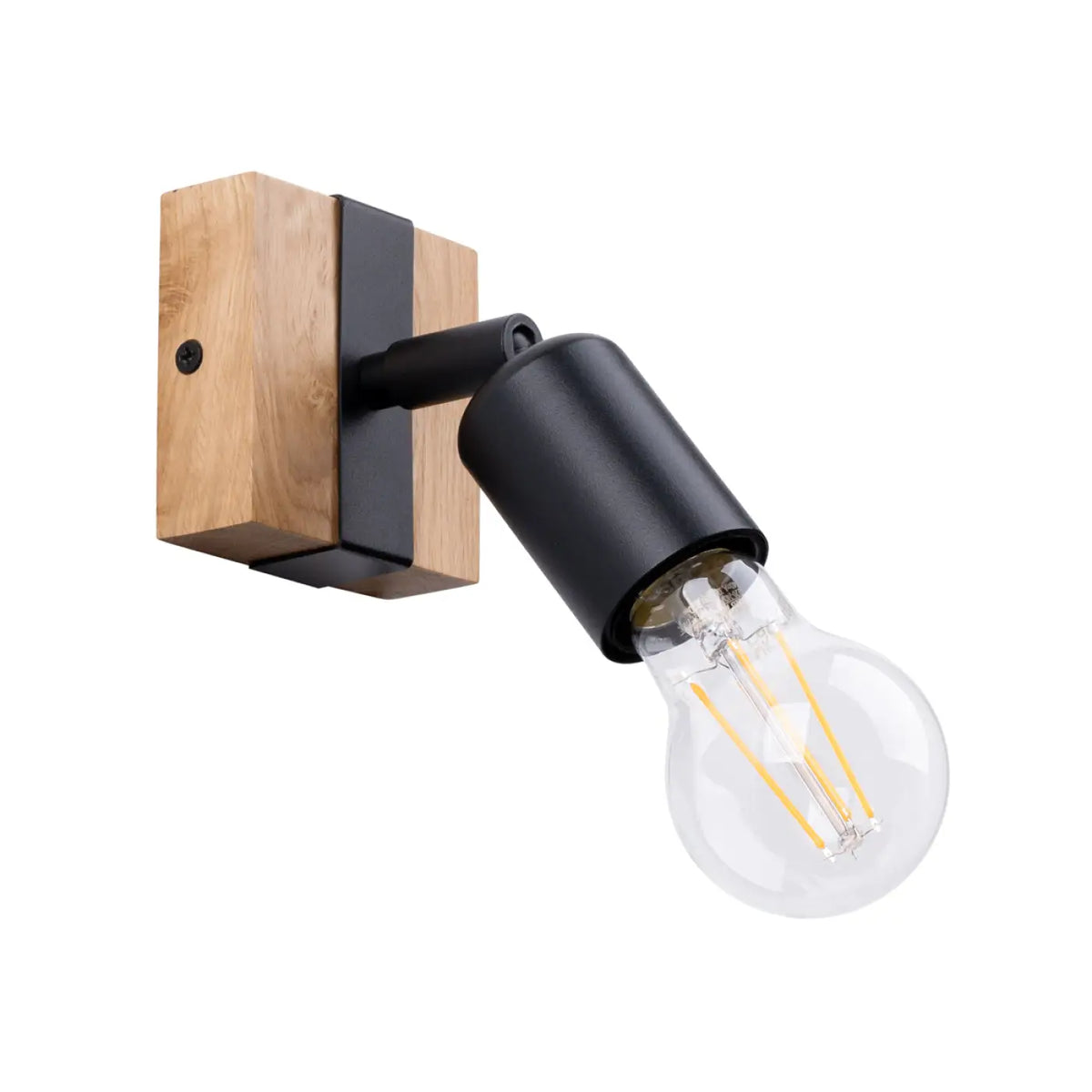 Applique murale socle en bois et douille noire, ampoule apparente