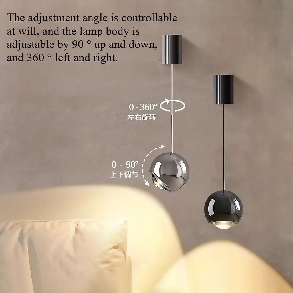 Applique murale boule orientable en métal, noire ou argentée