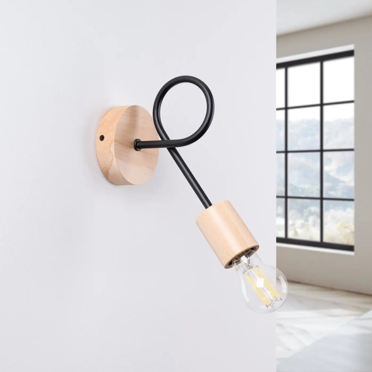Applique murale bois naturel à bras en boucle, ampoule E27, noir/bois naturel