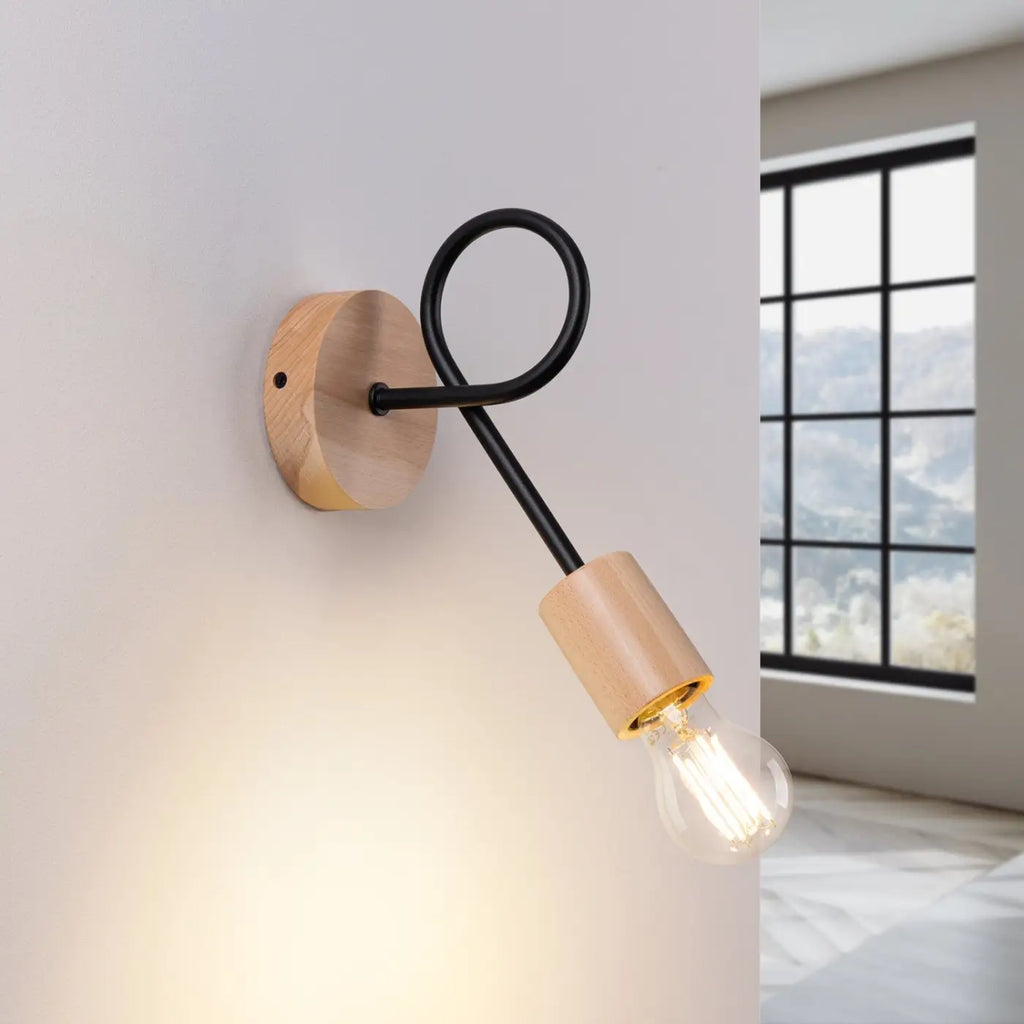 Applique murale bois naturel à bras en boucle, ampoule E27