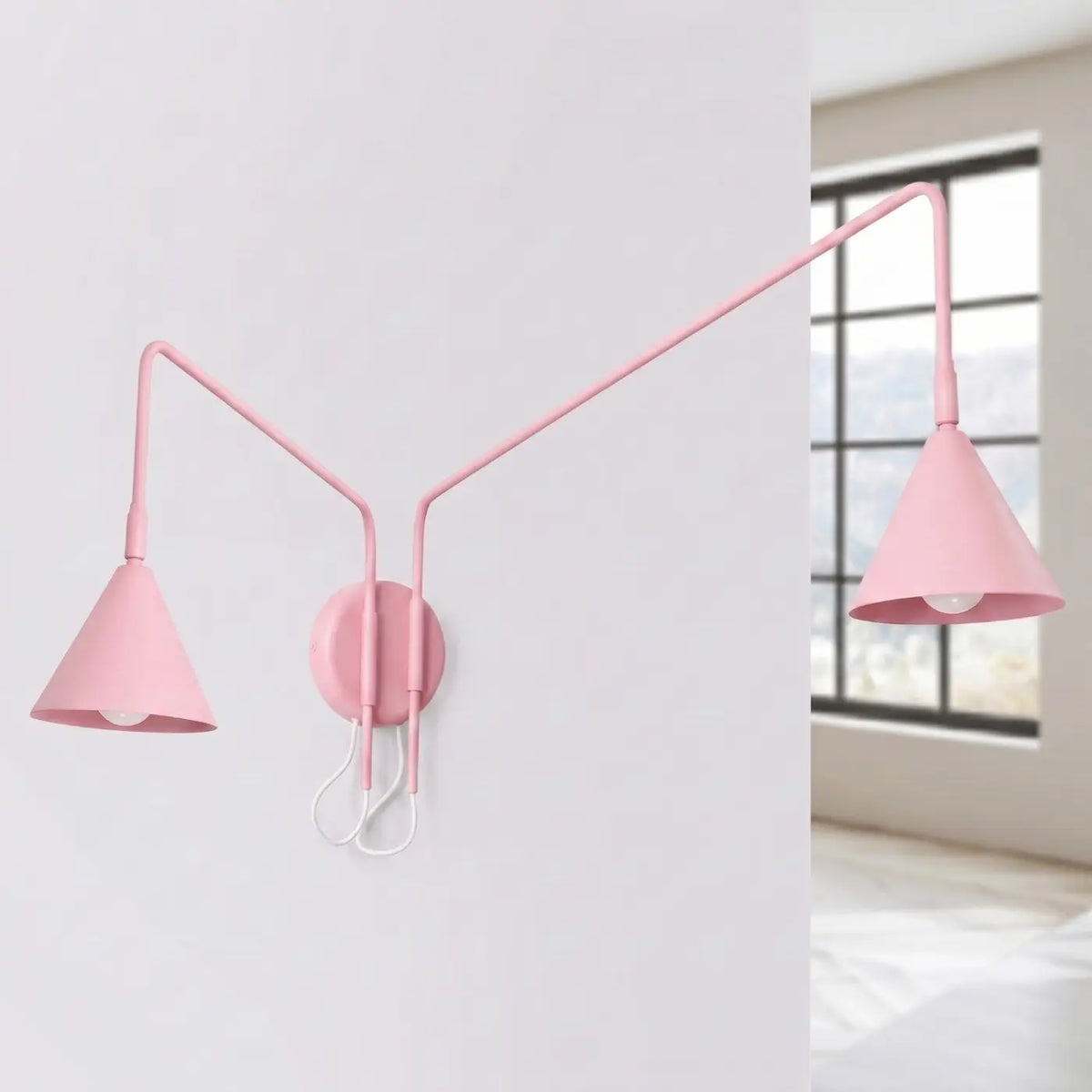 Applique murale à long bras et abat-jour conique, simple ou double, rose