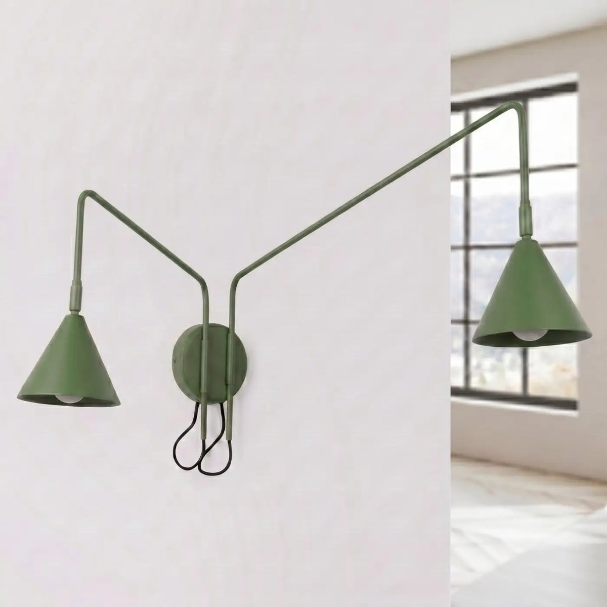 Applique murale à long bras et abat-jour conique, simple ou double, vert olive