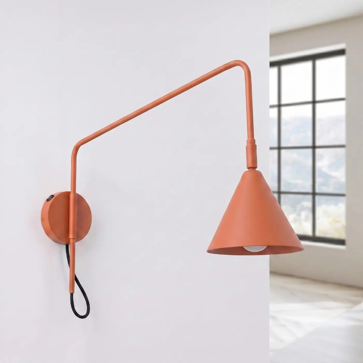 Applique murale à long bras et abat-jour conique, simple ou double, rouge ocre