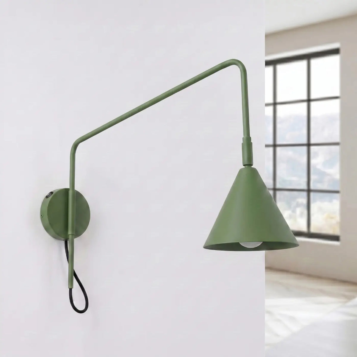 Applique murale à long bras et abat-jour conique, simple ou double, vert olive