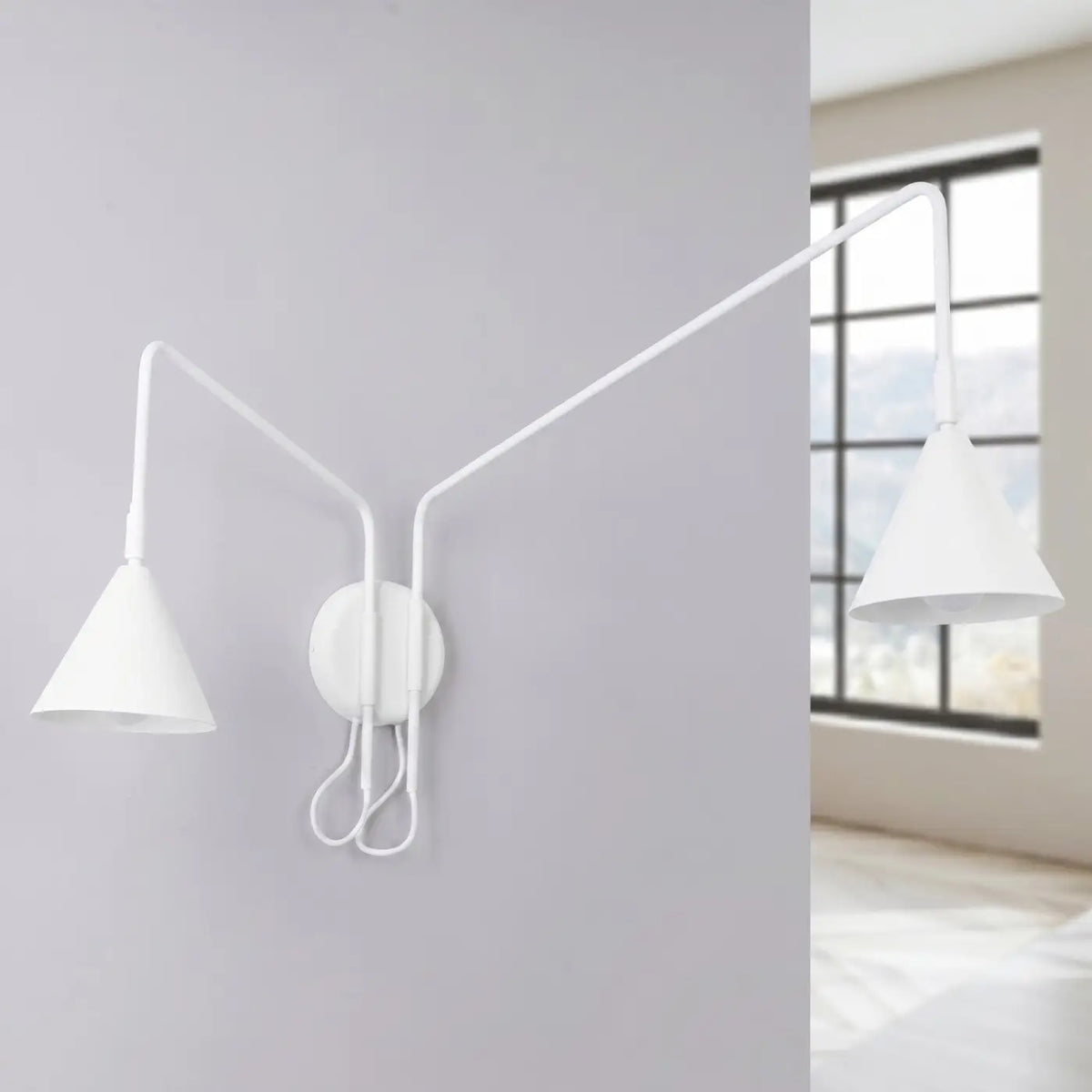 Applique murale à long bras et abat-jour conique, simple ou double, blanc