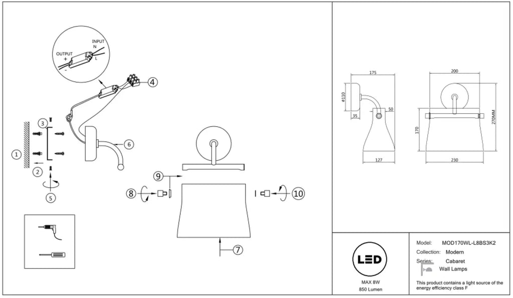 Applique murale LED finition laiton, abat-jour en verre transparent