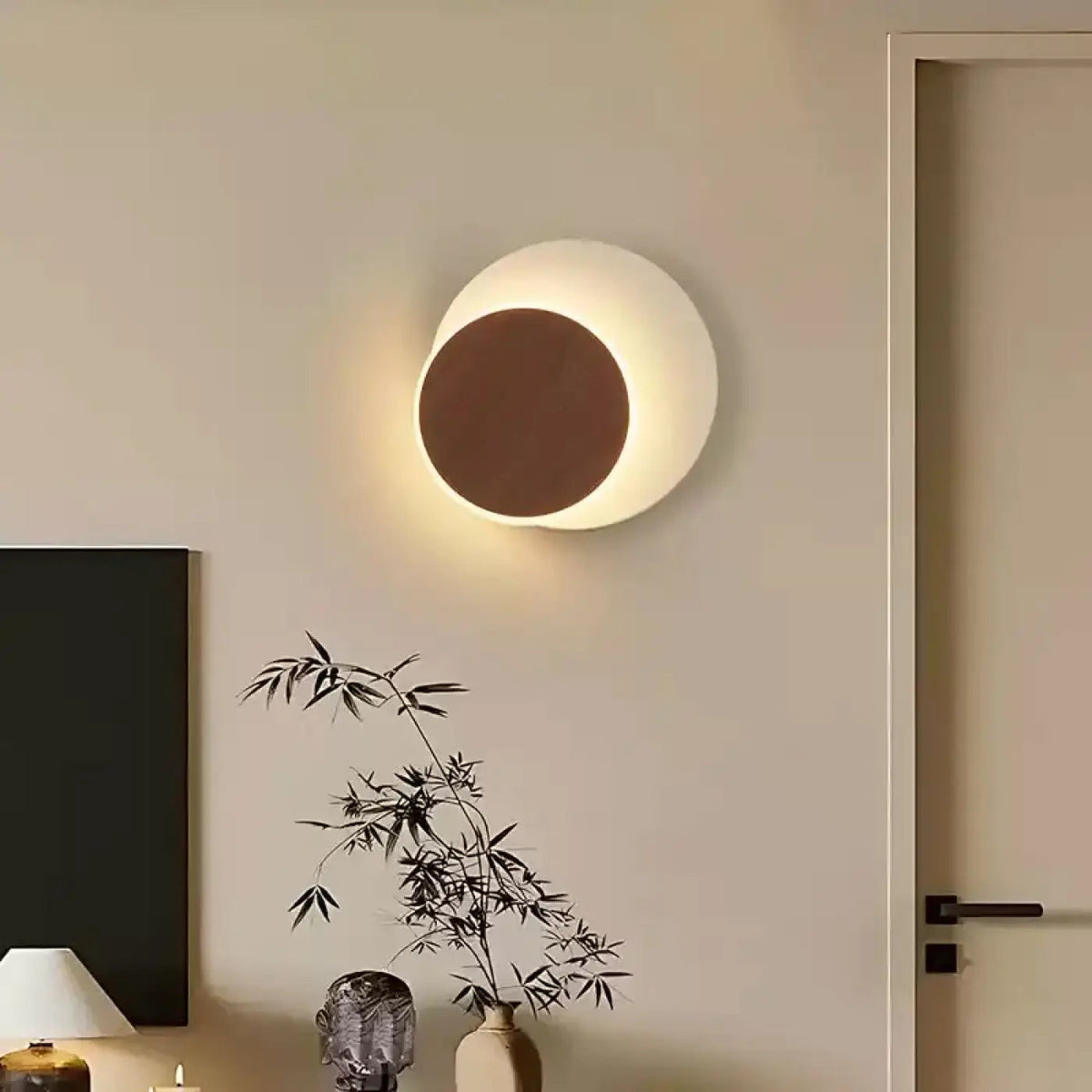 Applique murale LED circulaire, anneau lumineux et disque en bois
