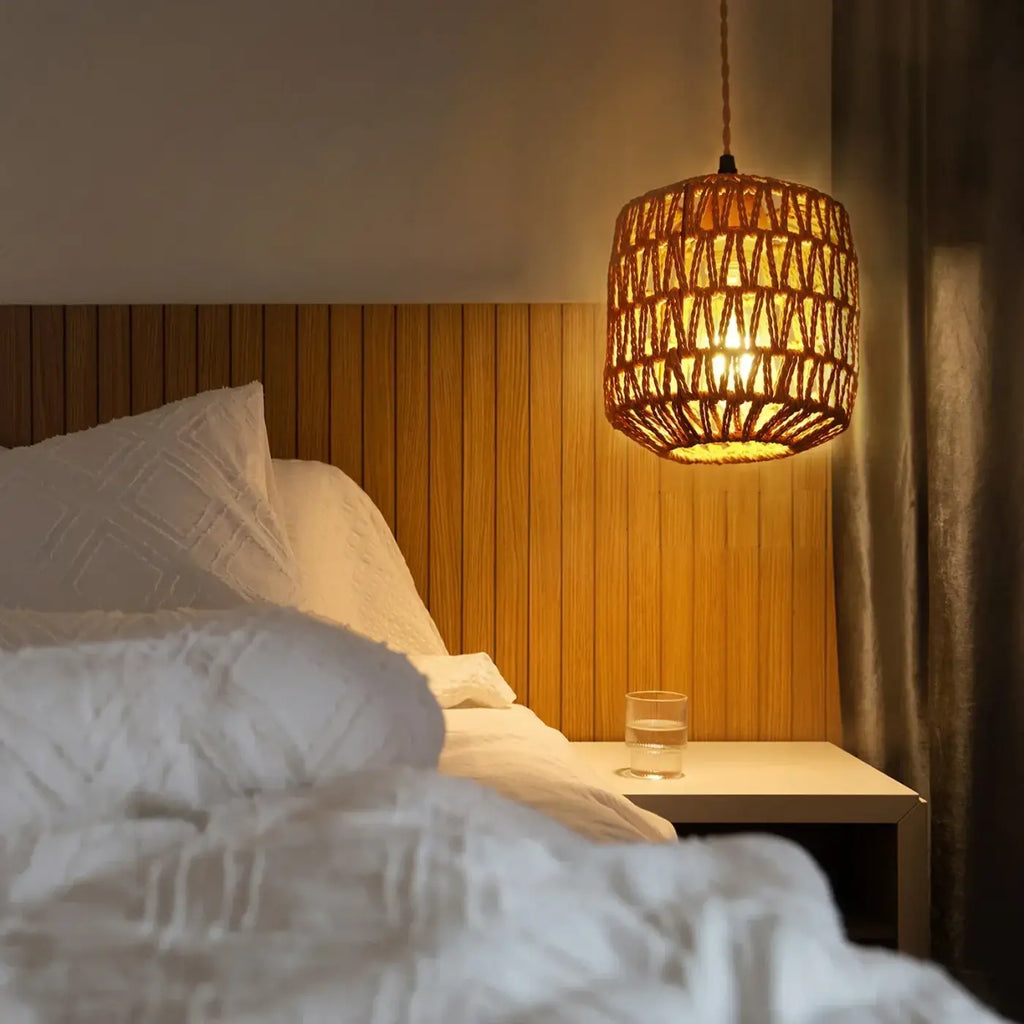Applique murale en rotin et corde de chanvre, bras en bois