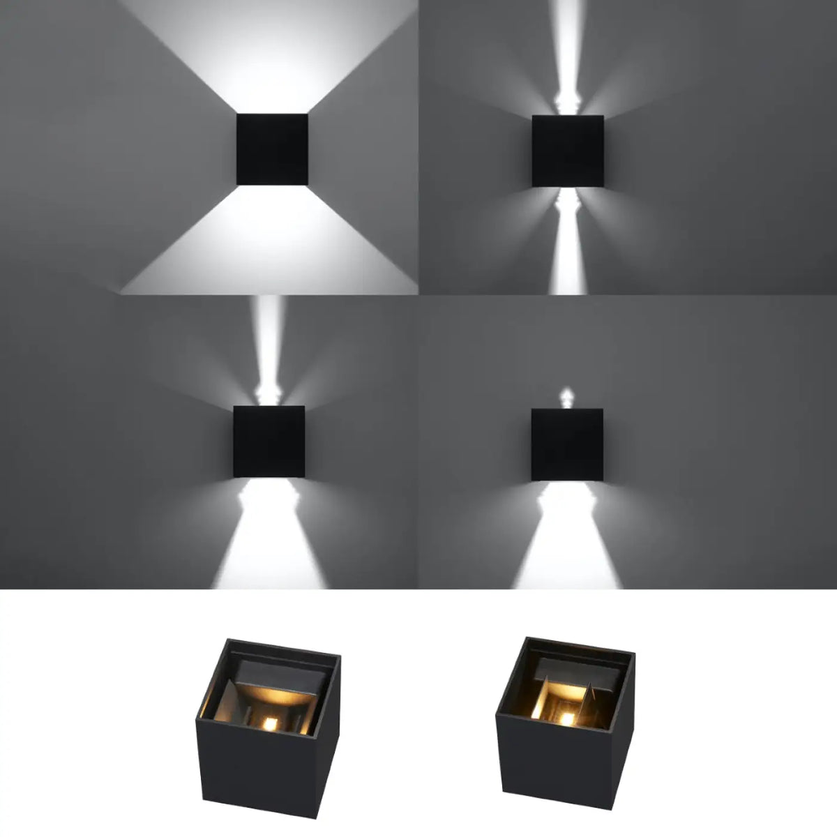 Applique murale LED cube noire IP54, 7 W blanc chaud