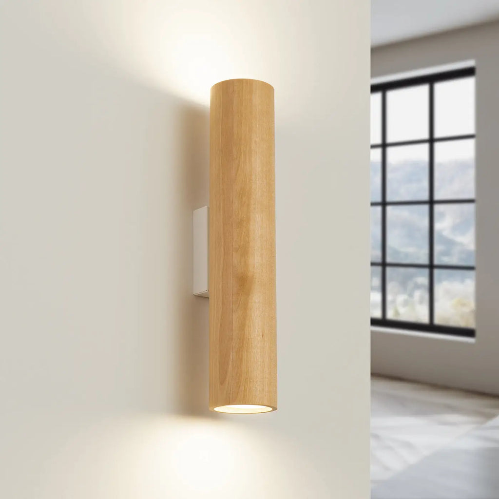 Applique murale tube en bois naturel, lumière haut et bas