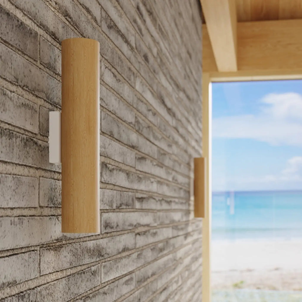 Applique murale tube en bois naturel, lumière haut et bas