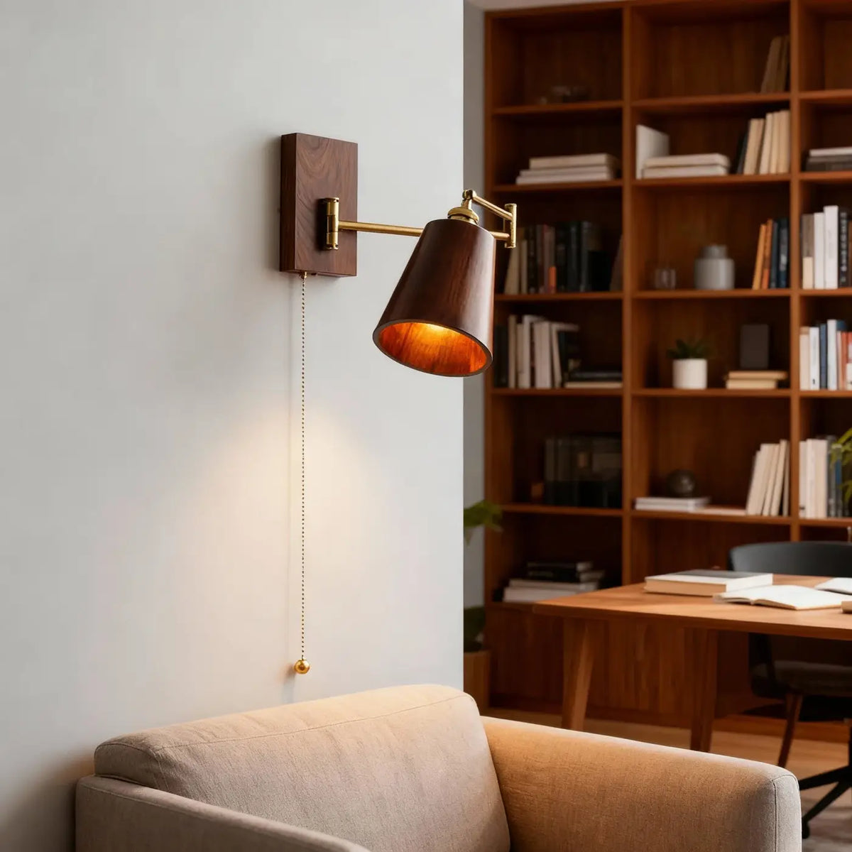 Applique murale bois et laiton à bras orientable, marron