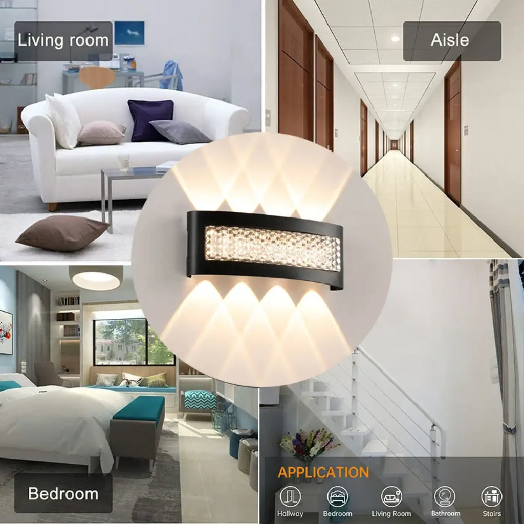 Applique murale LED noire à diffuseur en cristal, tailles S, M, L