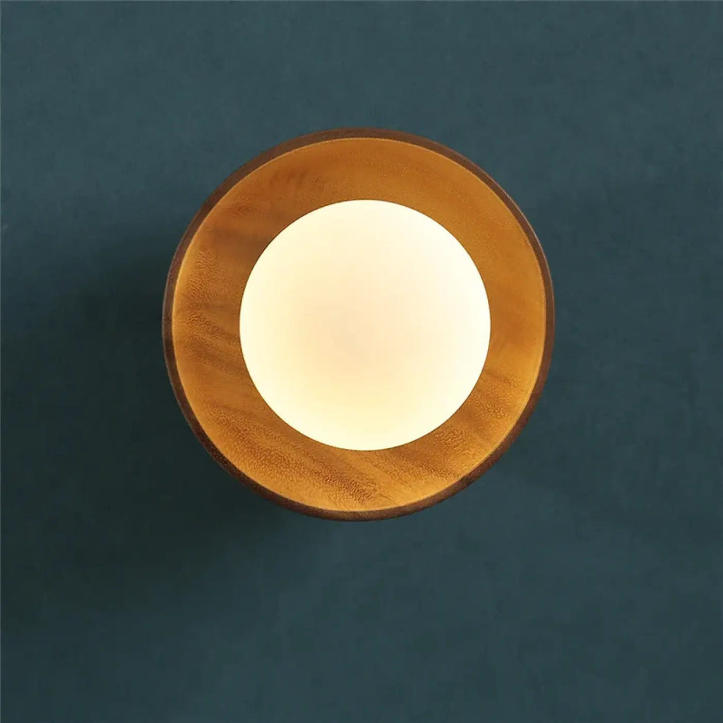Applique murale ronde en bois et verre, lumière douce