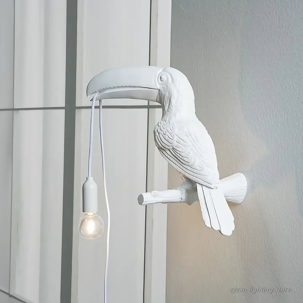 Applique murale toucan perché, ampoule à fil apparent, blanc