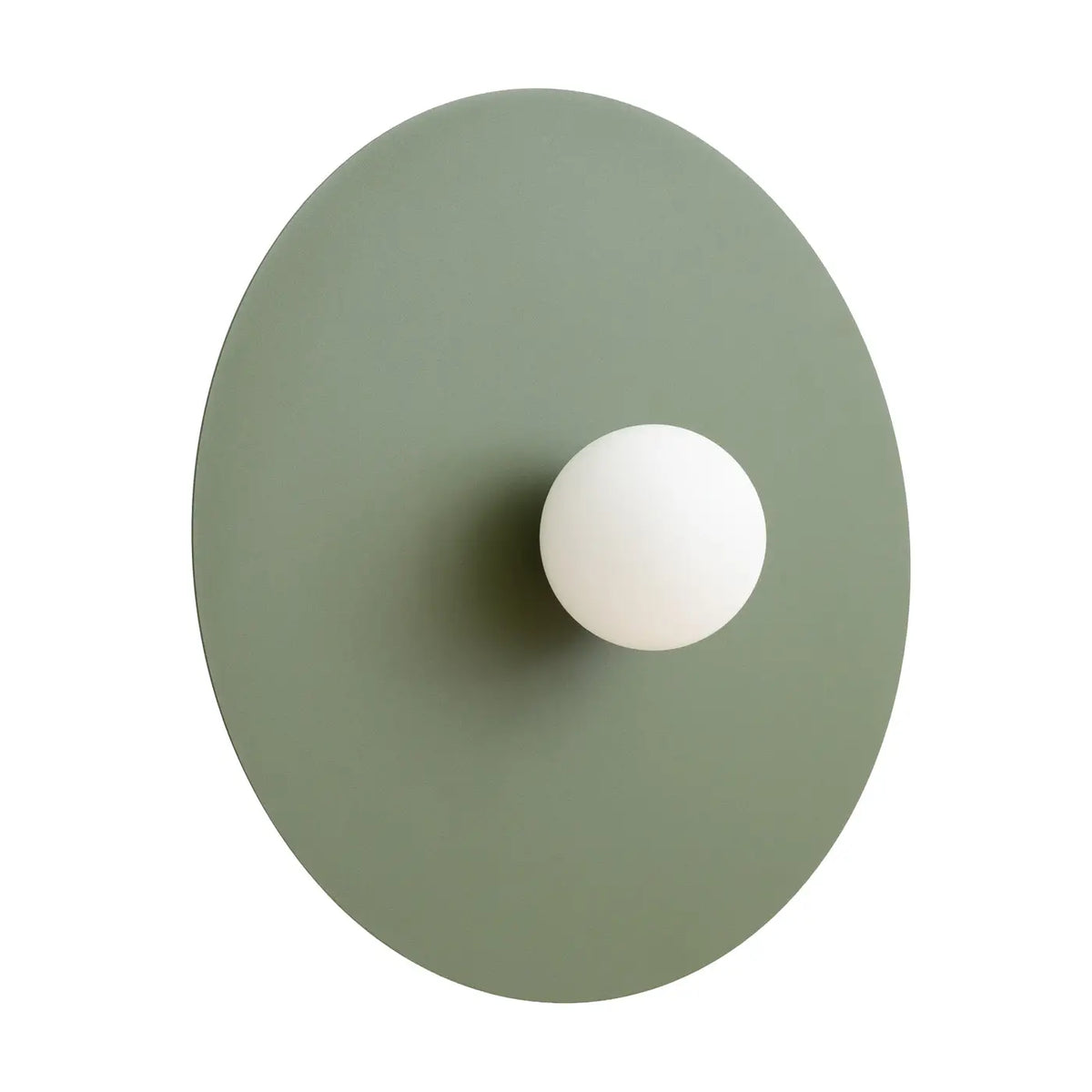 Applique murale grand disque en acier et globe opale, 50 cm, vert olive