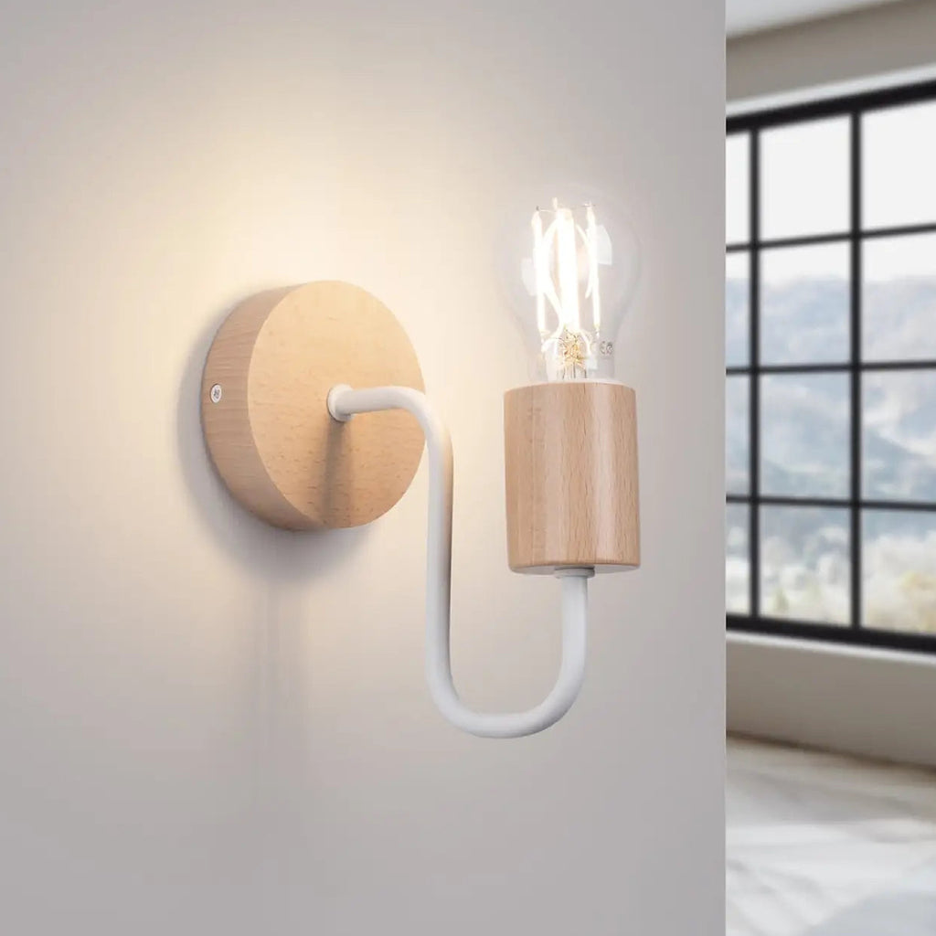 Applique murale embase en bois, bras coudé en acier, E27