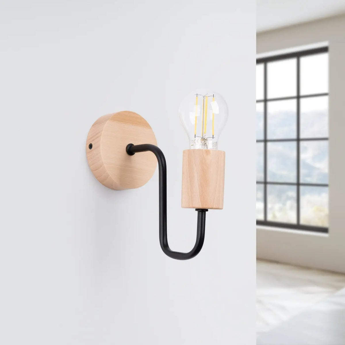Applique murale embase en bois, bras coudé en acier, E27, noir/bois naturel