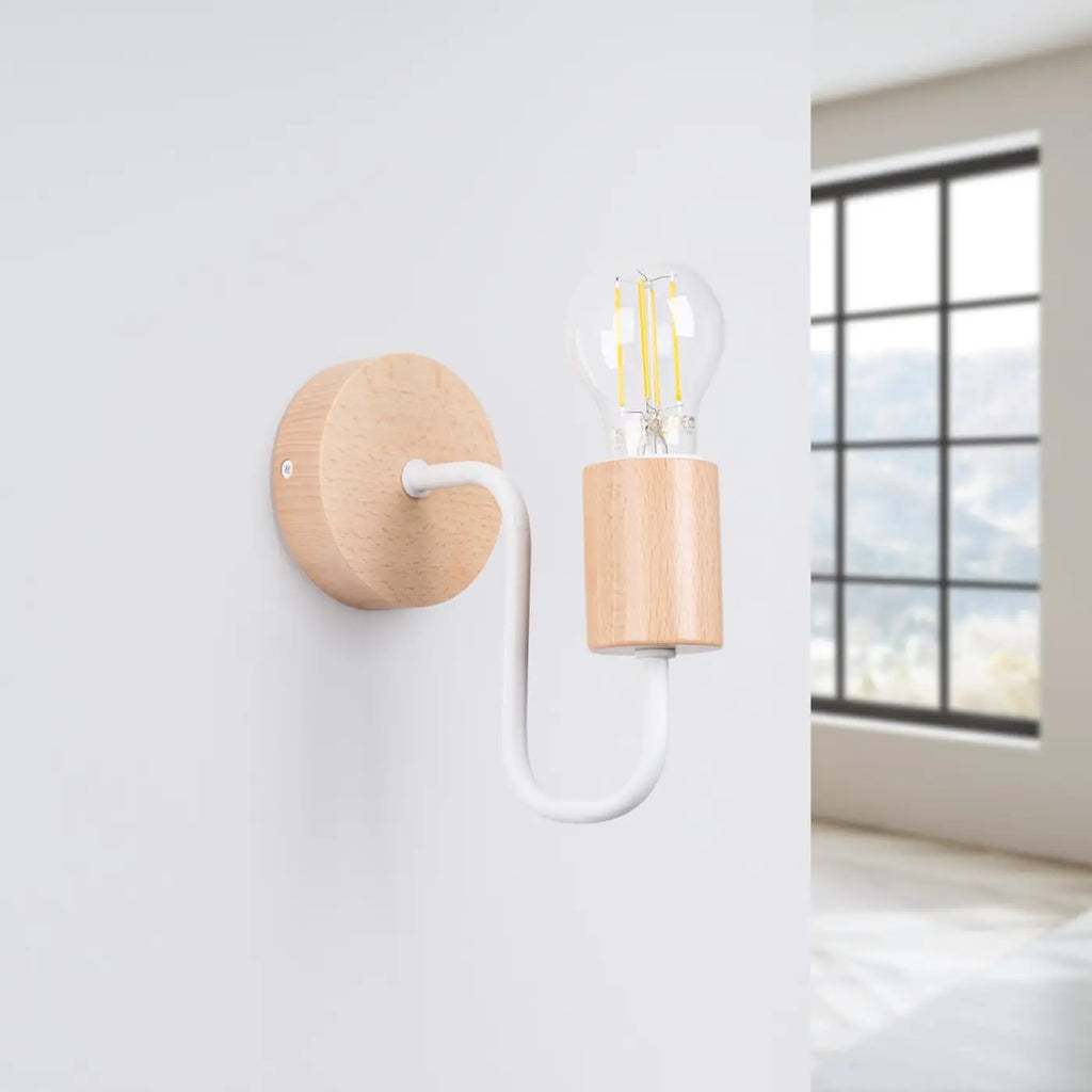 Applique murale embase en bois, bras coudé en acier, E27, blanc/bois naturel