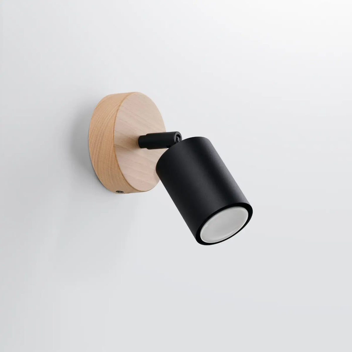 Applique murale spot tube sur embase ronde en bois naturel, noir/bois naturel