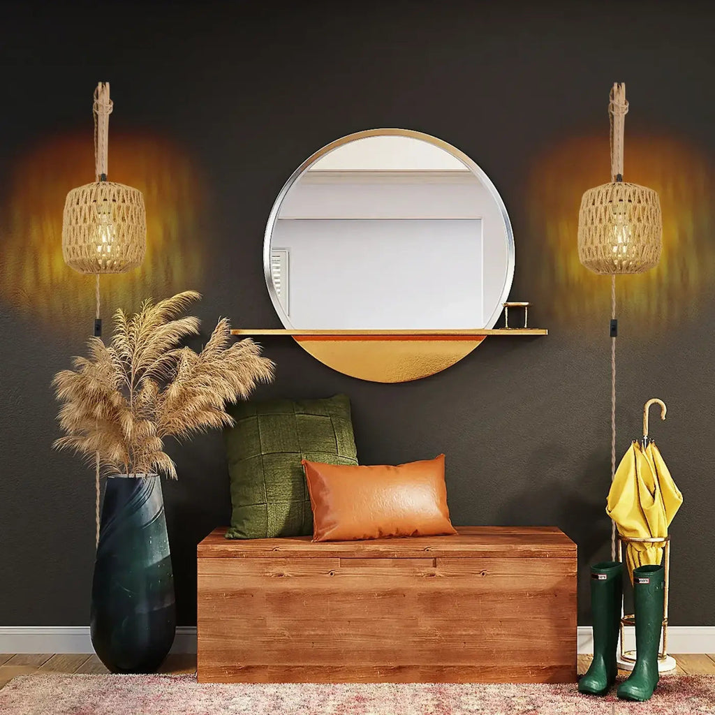 Applique murale en rotin et corde de chanvre, bras en bois