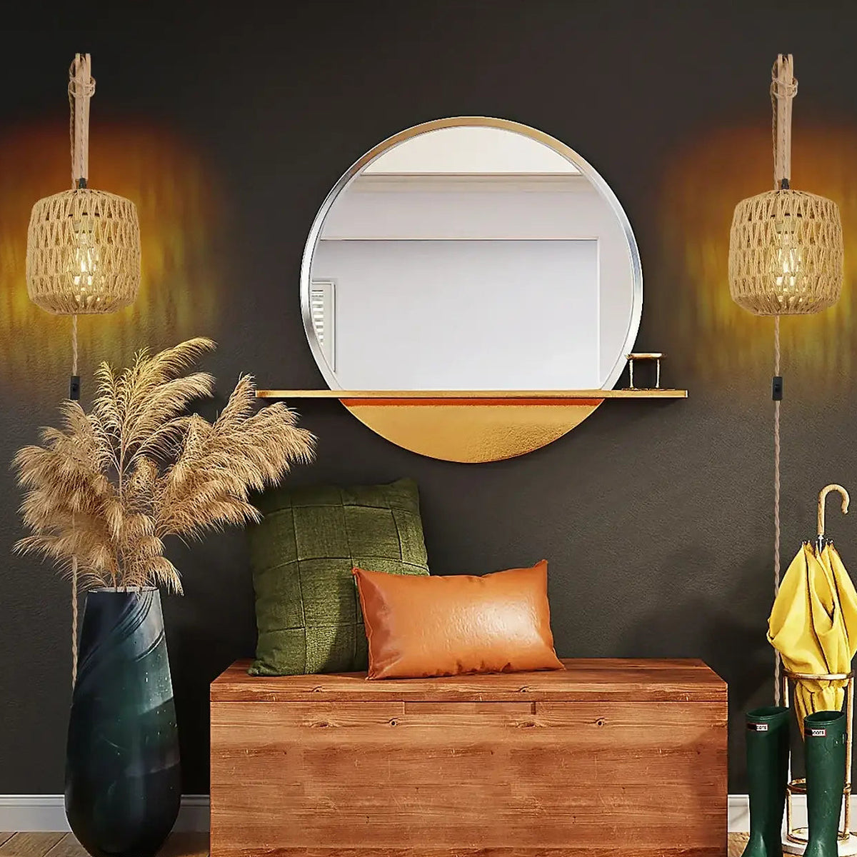 Applique murale en rotin et corde de chanvre, bras en bois