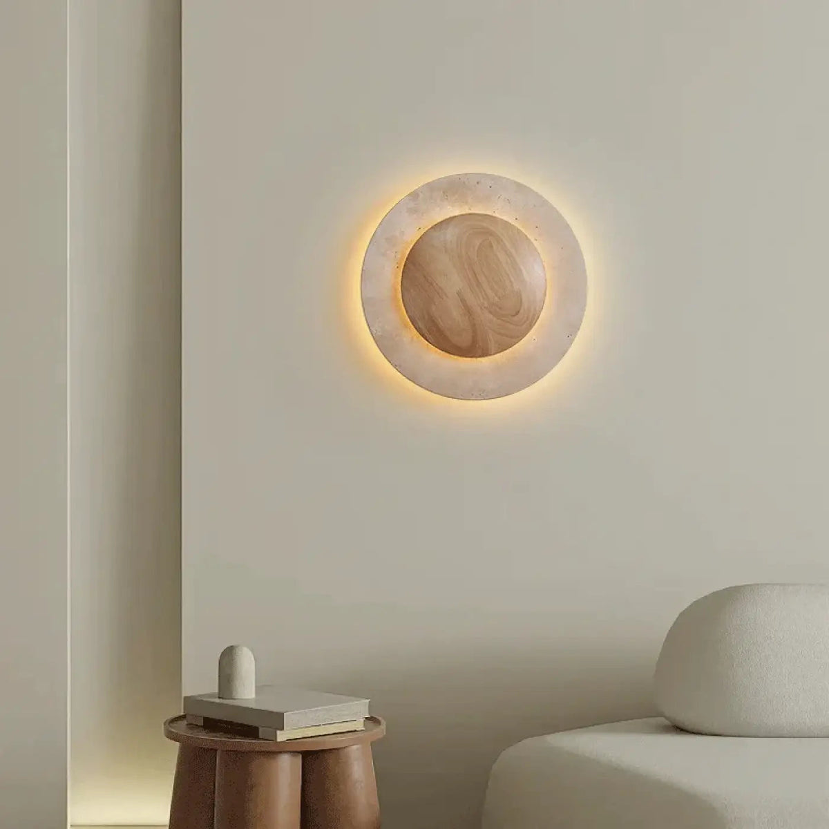 Applique murale bois clair et pierre blanche, style naturel
